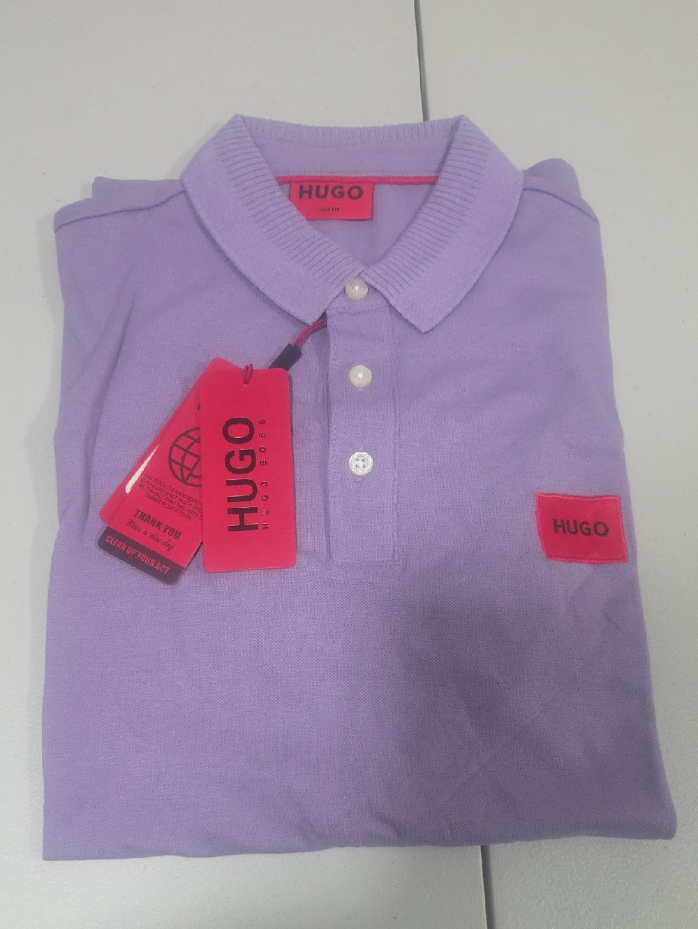 HUGO Boss Lavender Polo with Bright Pink Logo Patch and Tags